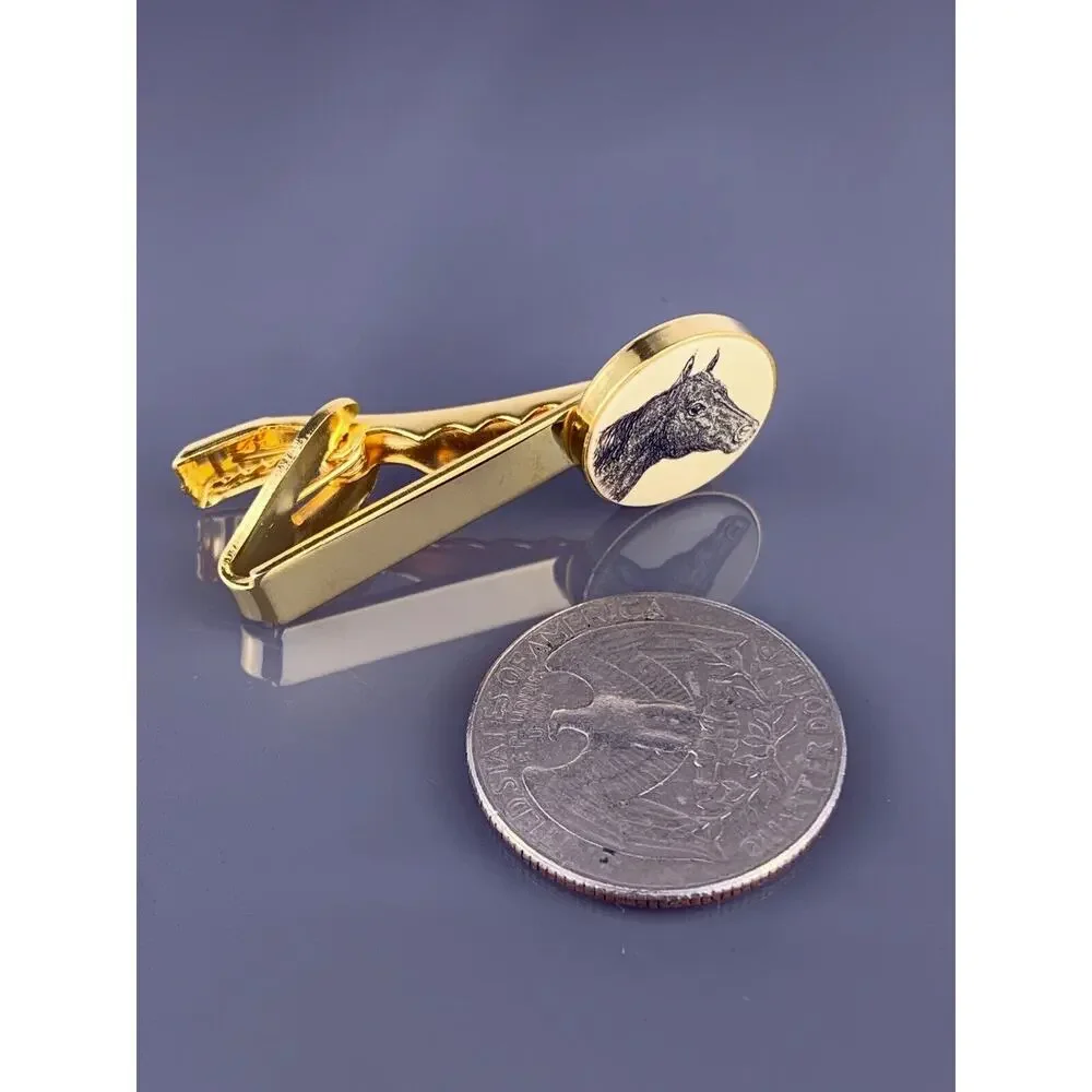 Etched Horse Head Tie Clip Bar Gold Plated Barlow Equestrian Race Right Vintage